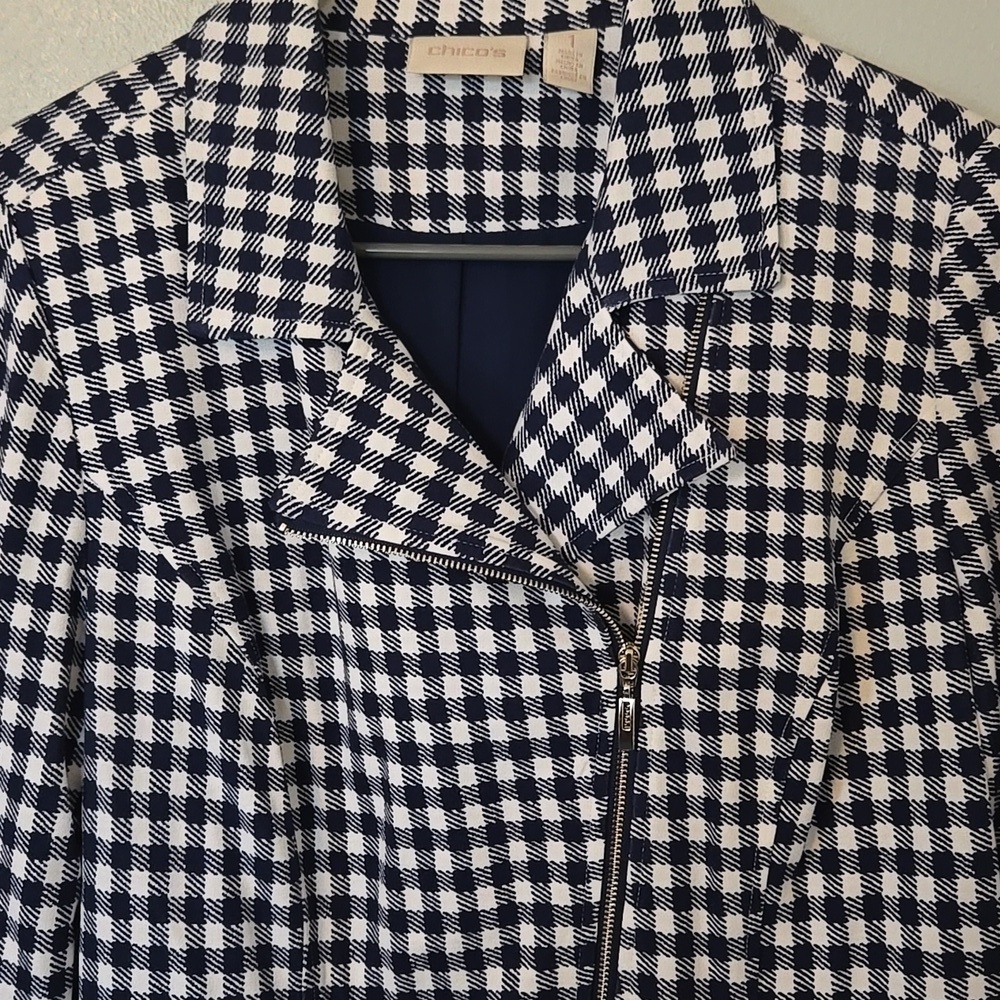 Chico's |  Blue Gingham Moto Jacket Asymmetrical Zip Jacket Size 1 Medium - Picture 3 of 11
